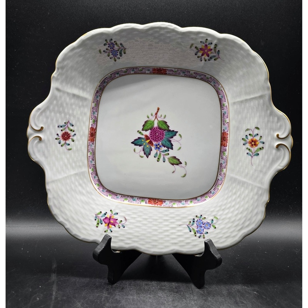 Herend Hungary Apponyi Hand Painted Porcelain Square Floral Cake Plate 10in